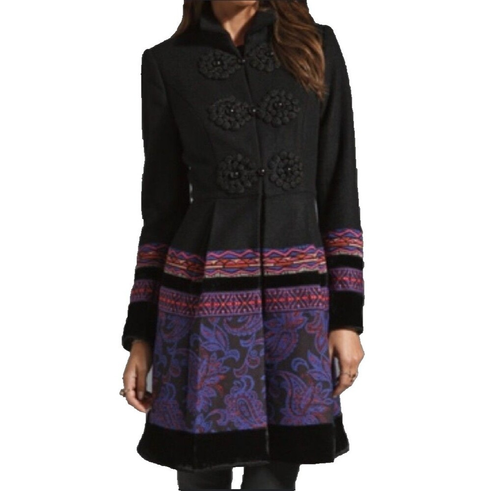 Plenty By Tracy Reese Anthropologie Coat Size 0 Wool Blend Black Embroidered